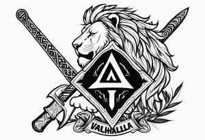 Valhalla sword shield lion 
 axe Valknut tattoo idea
