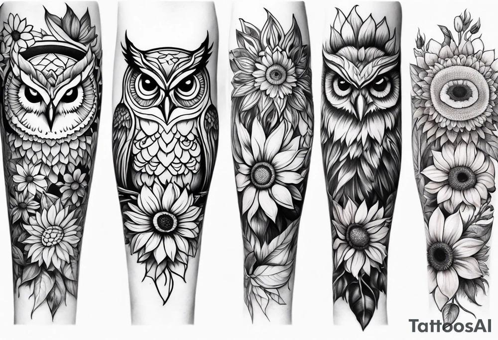 Leg sleeve with colorful sunflowers and an owl tattoo idea