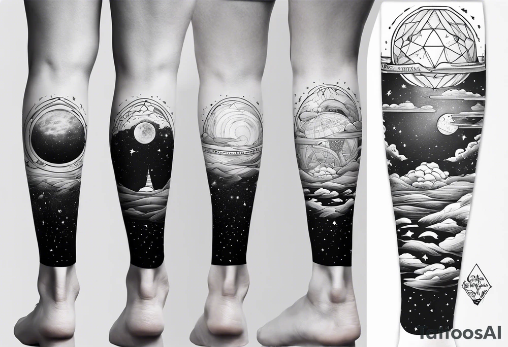 Outer space themed calf sleeve tattoo incorporating the quote, "Made for another world" tattoo idea