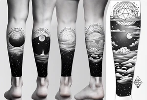 Outer space themed calf sleeve tattoo incorporating the quote, "Made for another world" tattoo idea