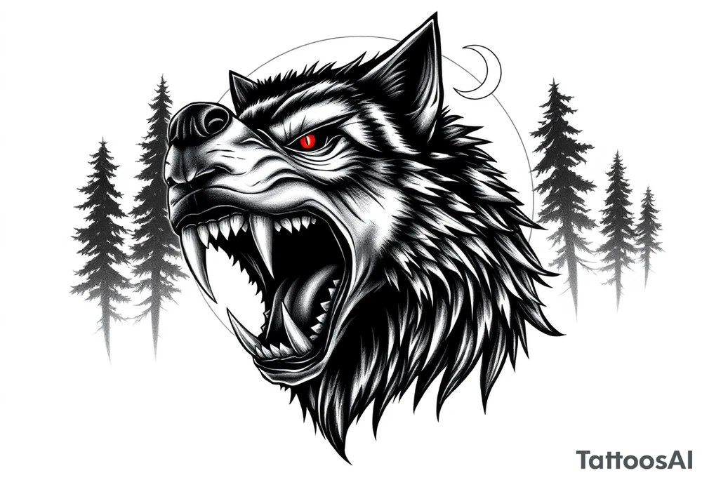Detailed werewolf muzzle, bared teeth, glowing red eyes, crescent moon behind, dark forest background. tattoo idea