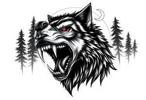 Detailed werewolf muzzle, bared teeth, glowing red eyes, crescent moon behind, dark forest background. tattoo idea