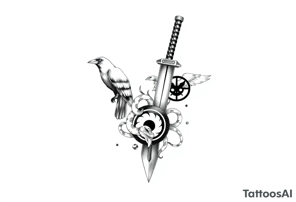 Kunai with crow, snake, Uchiha emblem and Akatsuki cloud from Naruto tattoo idea