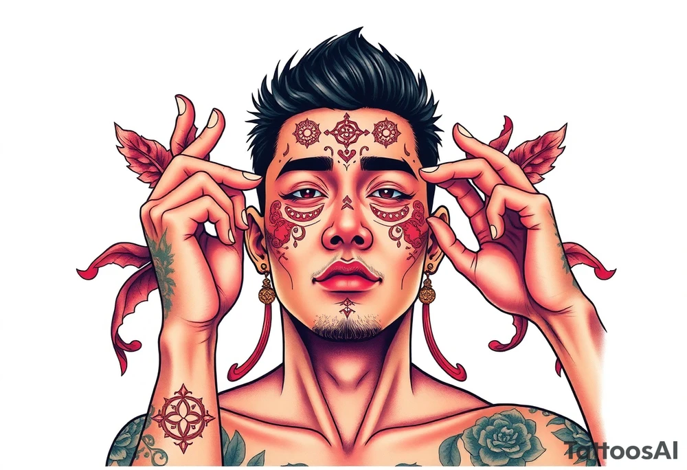 Handsome Asian young guy is putting ritual symbols on his face tattoo idea