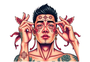 Handsome Asian young guy is putting ritual symbols on his face tattoo idea