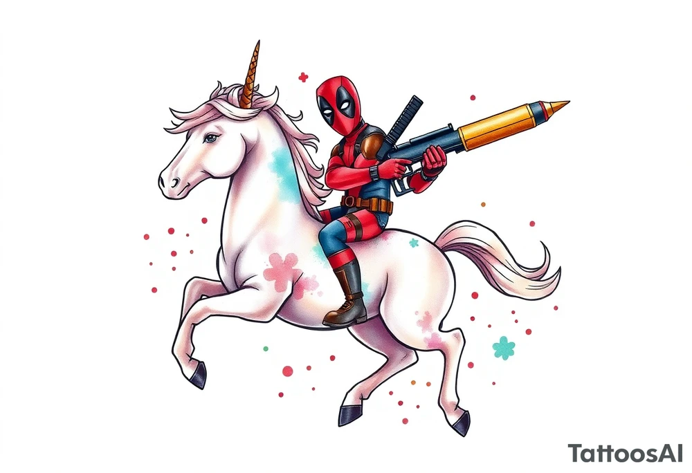 Deadpool riding a unicorn shooting Russian era rocket launcher tattoo idea