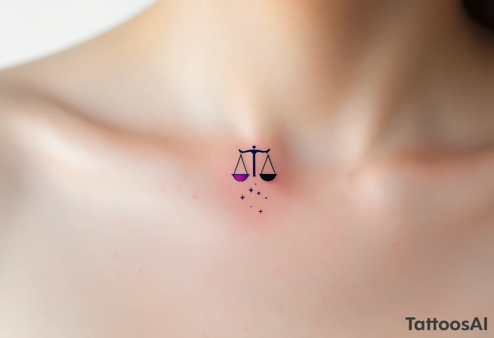 A tiny pink Libra symbol floats above a gradient Libra stars constellation fading from teal to violet. tattoo idea