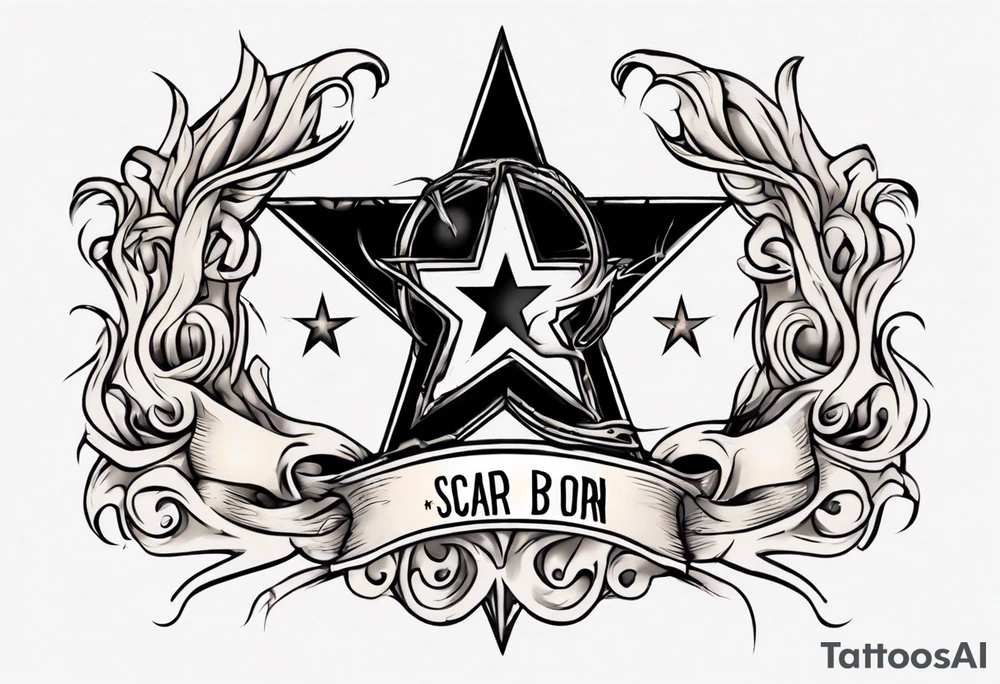 Star with a scar and scroll at the bottom with the words A Scar Is Born tattoo idea