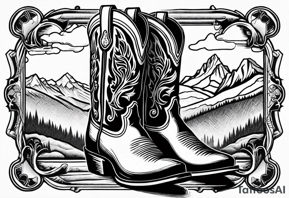 cowboy boot and mountains and a golden retriever tattoo idea