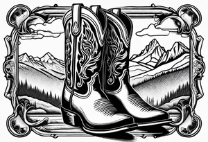 cowboy boot and mountains and a golden retriever tattoo idea