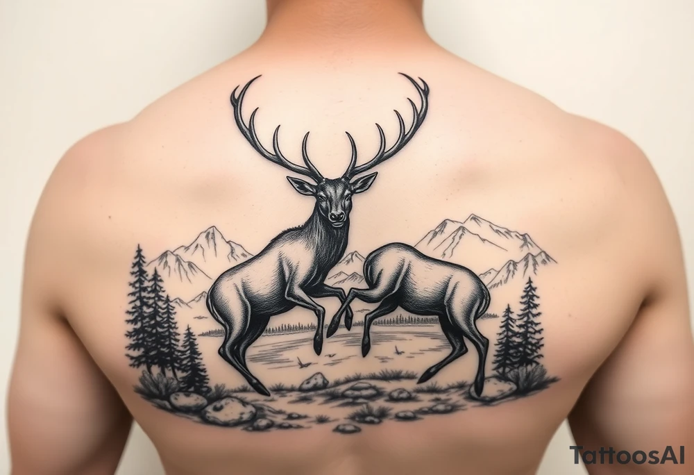 Black and grey Nature scene with two stags fighting in the foreground include mountains water and trees tattoo idea
