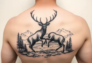 Black and grey Nature scene with two stags fighting in the foreground include mountains water and trees tattoo idea