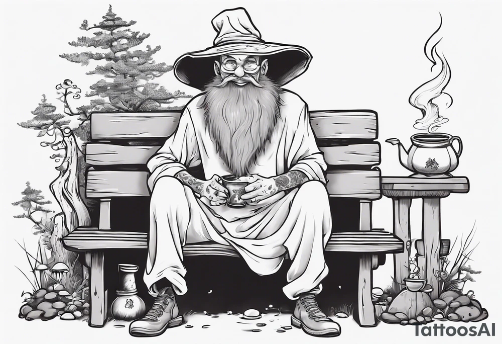 mushroom person with a long grey beard wearing a tunic and a floppy hat sitting on a bench by a fireplace drinking from a wood cup, smiling tattoo idea