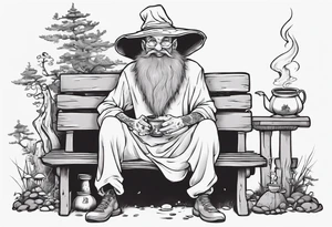mushroom person with a long grey beard wearing a tunic and a floppy hat sitting on a bench by a fireplace drinking from a wood cup, smiling tattoo idea