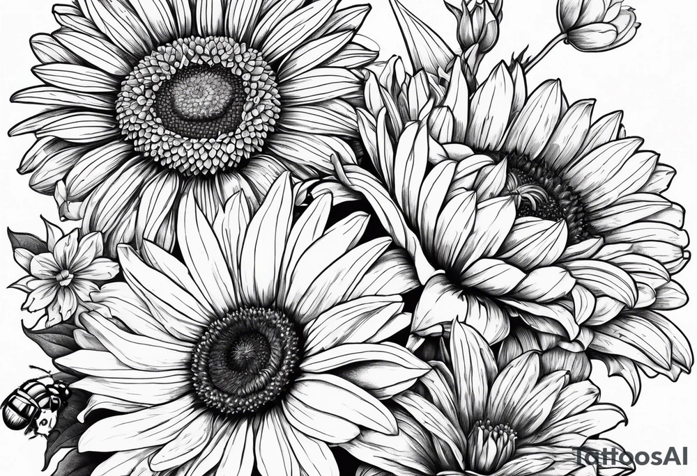 fine line drawing of gerber daisy lilies and sunflowers with a bee and a lady bug tattoo idea