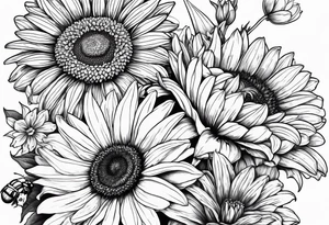 fine line drawing of gerber daisy lilies and sunflowers with a bee and a lady bug tattoo idea