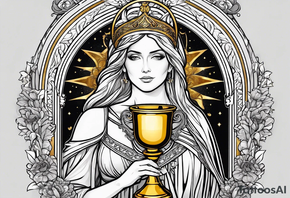 woman saint holding chalice surrounded by golden halo tattoo idea