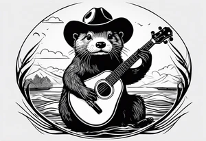 an otter swimming playing a banjo wearing a cowboy hat tattoo idea