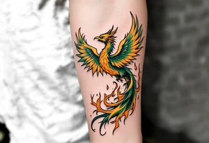 A green and yellow phoenix rising from flames embodies rebirth and freedom. tattoo idea