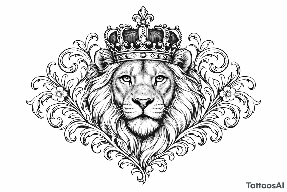 powerful majestic lion with a crown, framed by ornate floral scrollwork tattoo idea