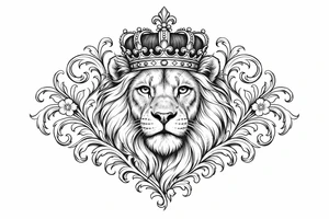 powerful majestic lion with a crown, framed by ornate floral scrollwork tattoo idea