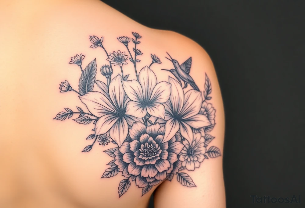 Can you create an image of a tattoo that will go on my upper arm including the following floral arrangement done very light handed and with soft lines- 1 large violet, 1 large carnation, 1 large lily of the valley, 1 large narcicuss, 1 medium carnation, 1 medium violet, 1 small dafodil, 2 small water lillies, and 1 small chrysanthemum. Add a small hummingbird drinking out of the large narcicuss. I want it on my upper right arm on the outside but slightly wrapping around the outer arm. I would like some greenery to fill in spaces as well. Make it large enough to fill my upper arm. I want the flowers to have dramatic and realistic shading. tattoo idea