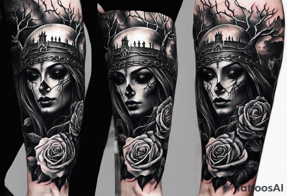 tattoo fool sleeve, dark gothic castle, tree roots break out of the chains, broken mask, roses tattoo idea