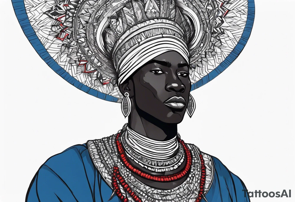 Black-skinned bald african warrior. He wears a simple and small silver crown. He uses blue and red necklaces tattoo idea