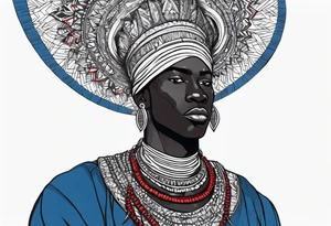 Black-skinned bald african warrior. He wears a simple and small silver crown. He uses blue and red necklaces tattoo idea