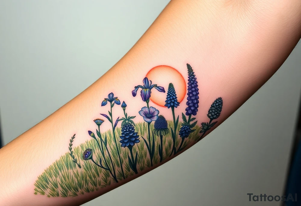 a bunch of cutleaf coneflower, blue flag iris, bee balm, obedient plant, purple coneflower on a hill with grass with a beautiful sunset tattoo idea