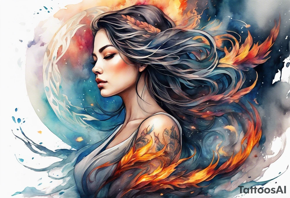 Resurrection strength and courage Beautiful Woman walking away fire and chaos to inner peace and self-love  ethereal tattoo idea