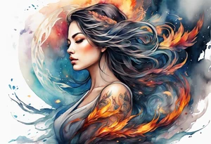 Resurrection strength and courage Beautiful Woman walking away fire and chaos to inner peace and self-love  ethereal tattoo idea