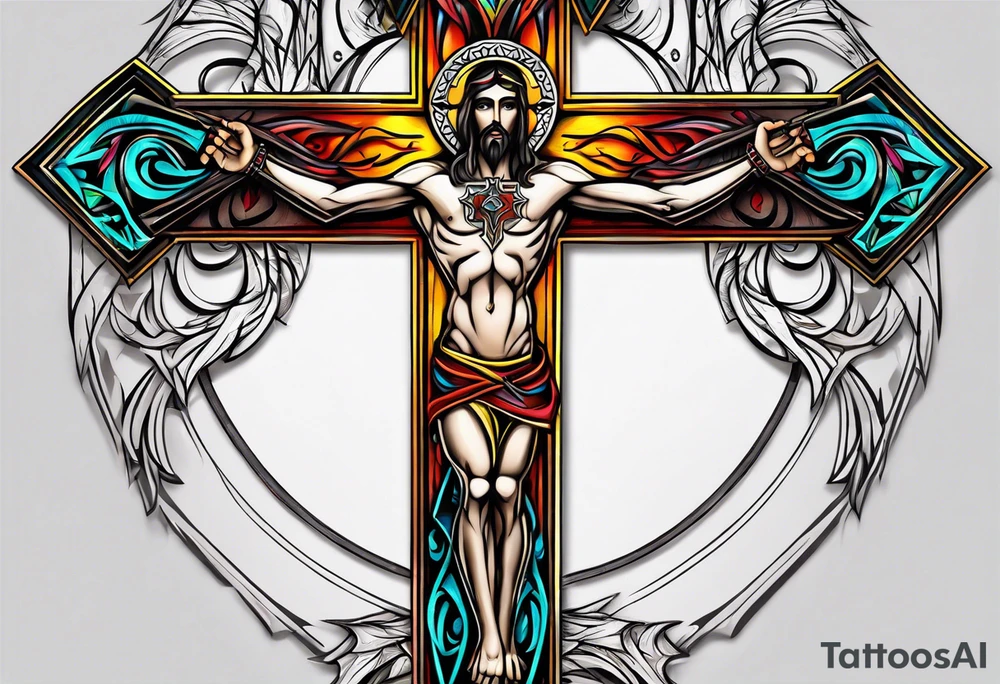 Colourful tribal crucifix tattoo idea