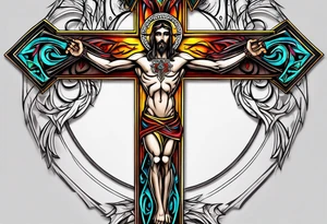 Colourful tribal crucifix tattoo idea