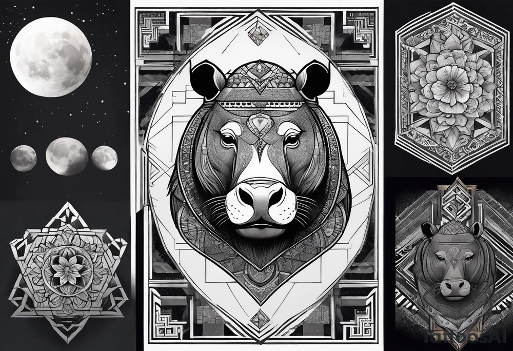 Very asymmetrical, +geometric pattern, with realistic full moon, with hippo,+tribal, +geometric, +inkart , +blackwork, +grey scale, + sketch
with wintersweet flower bud, +inkart touch, +for men, detailed , combined favourite , tattoo idea
