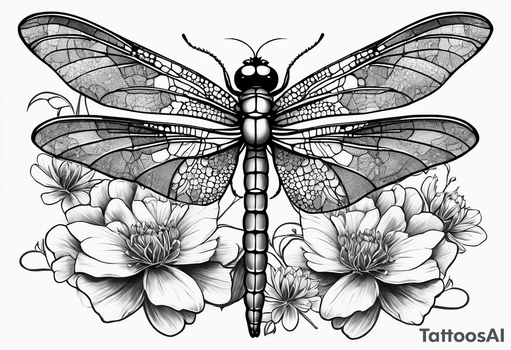 Dragon fly with clover flowers behind it tattoo idea