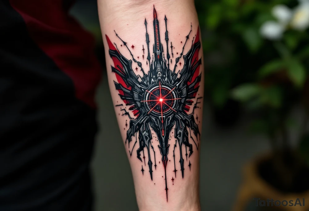 A shadowy mech-arm inked in matte black with accents of silver and a central pulsar in deep red. tattoo idea