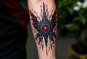 A shadowy mech-arm inked in matte black with accents of silver and a central pulsar in deep red. tattoo idea