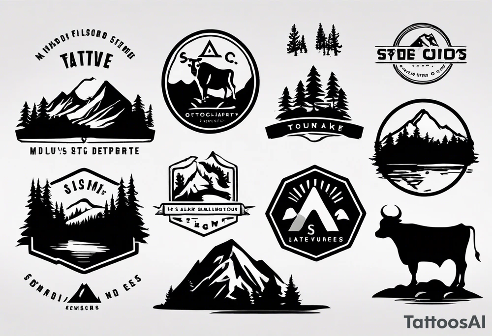 A logo for an outdoors company that includes an "S" and an "M". Includes a mountain, a lake, some trees, and a cow tattoo idea