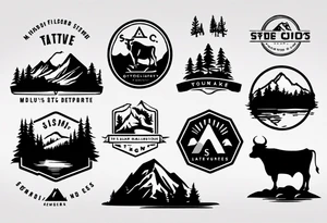 A logo for an outdoors company that includes an "S" and an "M". Includes a mountain, a lake, some trees, and a cow tattoo idea
