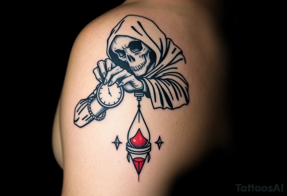 Simple grim reaper looking at a watch on his wrist with a hourglass with red sand and diamond geometric shapes for the thigh tattoo idea