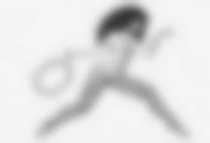 Delicate Black and white tattoo with a woman (entire body) dancing. showing that a lion (only head) is shadowing her. Use triangles and dot work tattoo idea