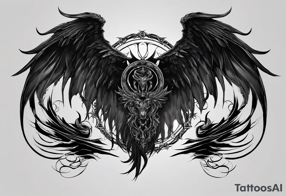 Male chest and neck tattoo with Demonic Wings and Halo**: Combine elements of darkness and light by depicting demonic wings on one side and a halo on the other, both fading into shadowy tendrils that extend across your skin. This design could represent the internal conflict between sinful desires and divine guidance. tattoo idea