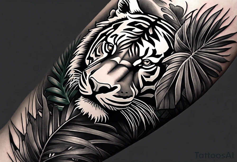 Full arm tattoo sleeve design.  Small abstract tiger coming down front of shoulder, monstera foliage on forearm, beach landscape on bicep tattoo idea