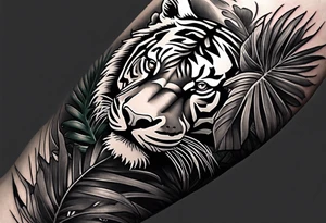 Full arm tattoo sleeve design.  Small abstract tiger coming down front of shoulder, monstera foliage on forearm, beach landscape on bicep tattoo idea