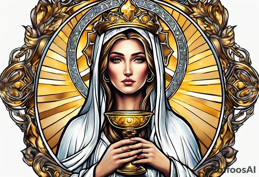 holy saint woman with golden halo holding a chalice tattoo idea