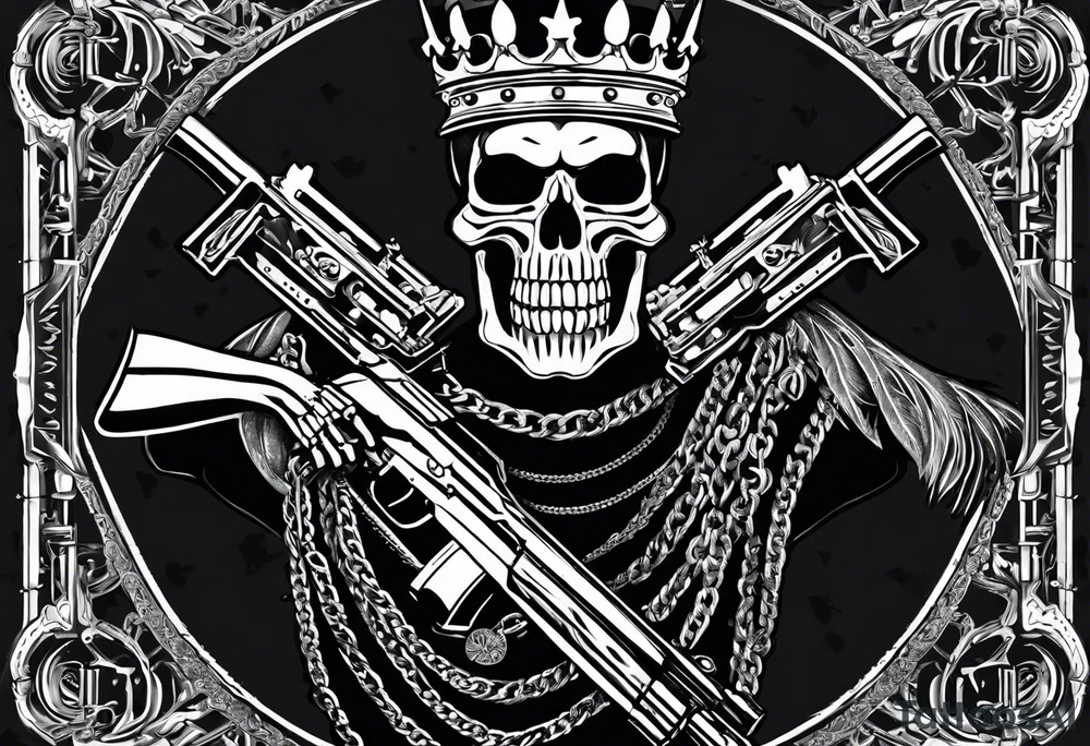 image of a skeleton standing frontally with a crown on his head, holding an AK-47 on his shoulder with his right hand. The chain on the left should be taut, there are three angry barking Dobermans in it, near the waist tattoo idea