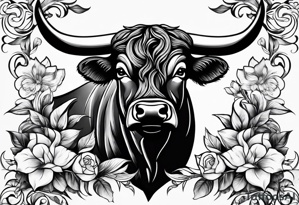 bull with flowers tattoo idea