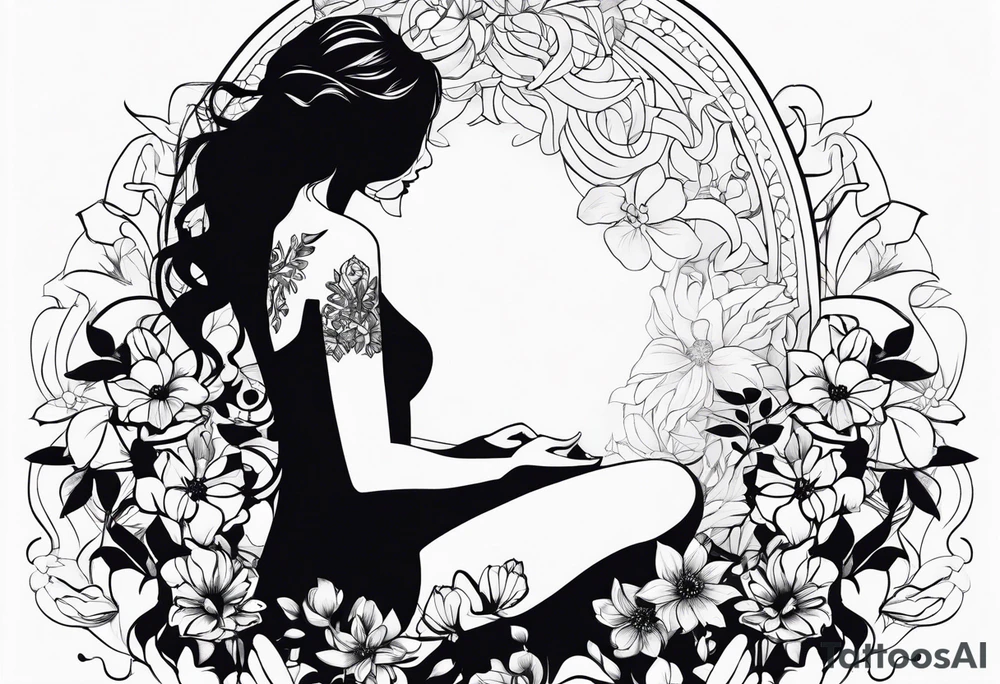 silhouette of a girl with a flower head, kneeling tattoo idea