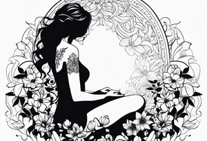 silhouette of a girl with a flower head, kneeling tattoo idea